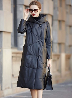 海宁头层绵羊皮长款真皮羽绒服外套女2025冬季新连帽休闲直筒皮衣