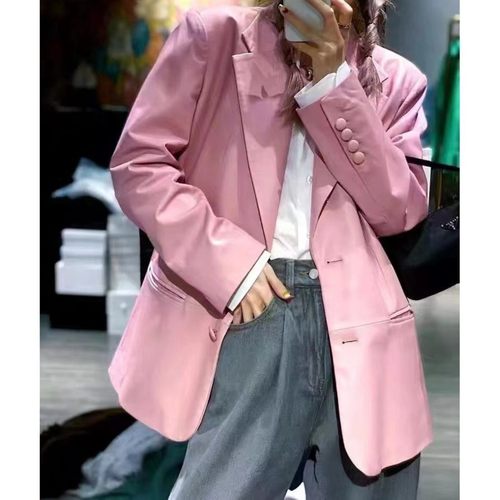 真皮绵羊皮宽松休闲粉色皮衣外套