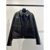 海宁真皮半植糅绵羊皮夹克外套2025欧货新款 方领大口袋短款 皮衣女