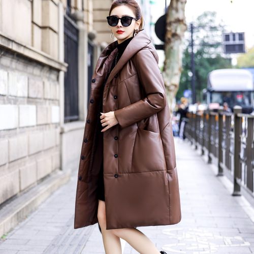 真皮绵羊皮羽绒服中长宽松皮衣女