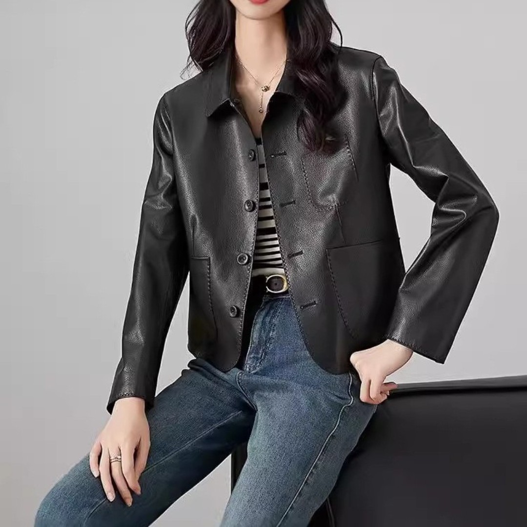 荔枝纹头层绵羊皮短款皮衣外套女