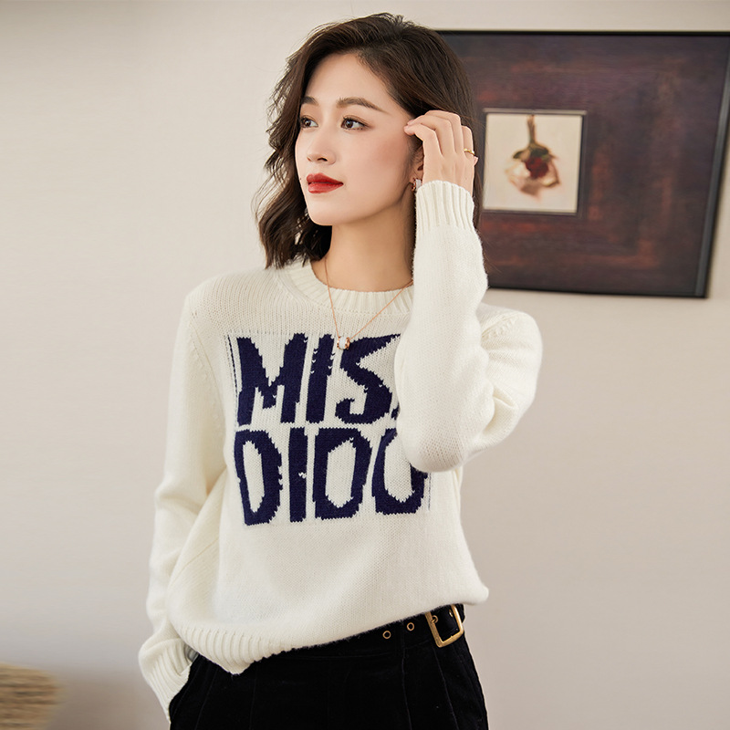 75303 2024秋冬新品女装 字母休闲羊毛毛衣 拼色针织毛衣