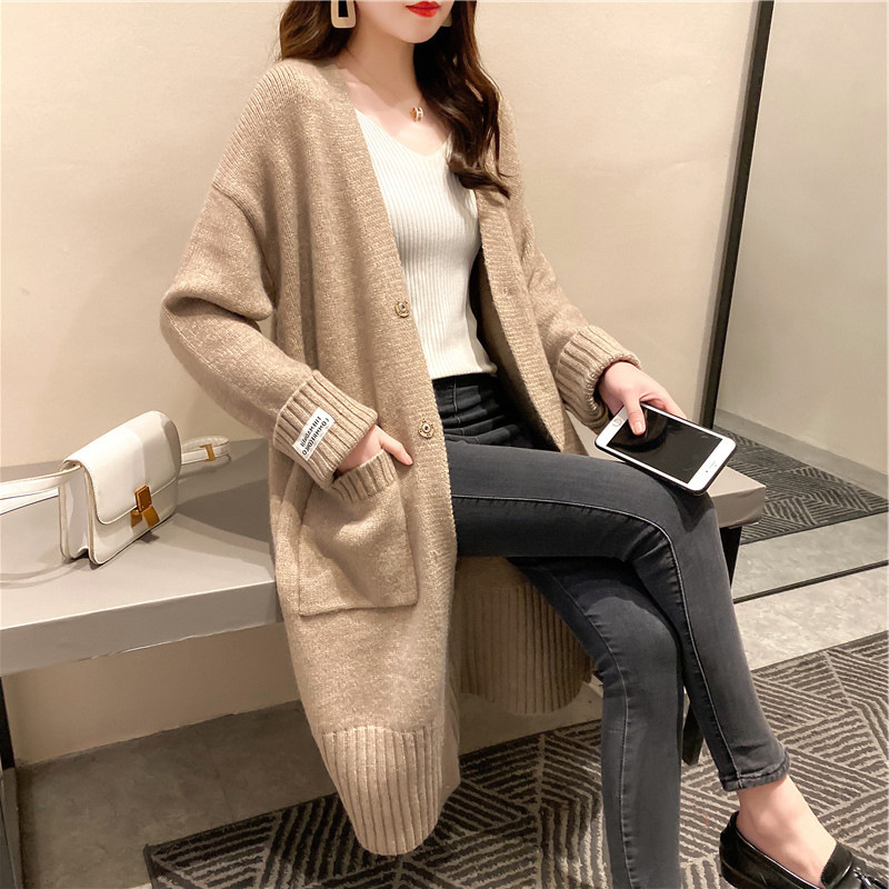 2025春秋新款韩版宽松v领外套毛衣女装中长款慵懒风纯色针织开衫