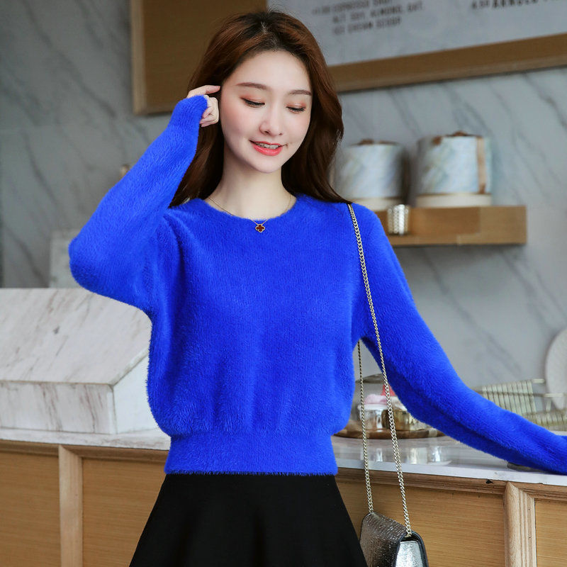 春秋仿水貂绒小个子女士毛衣短款宽松外穿圆领2025新款高腰打底衫