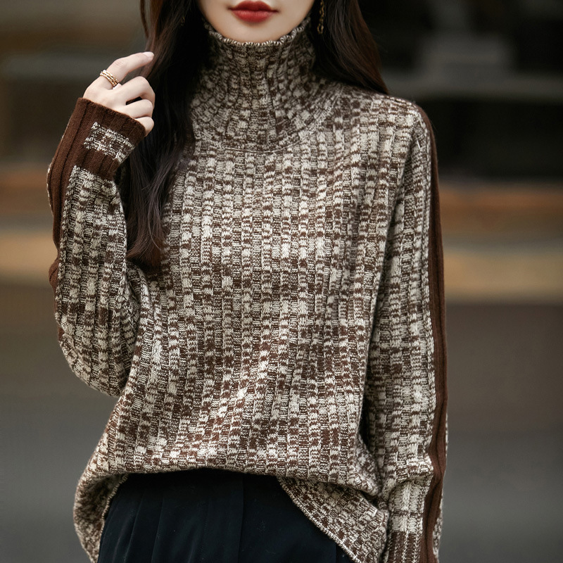 高领拼色毛衣女100纯山宽松秋冬新款加厚打底针织衫