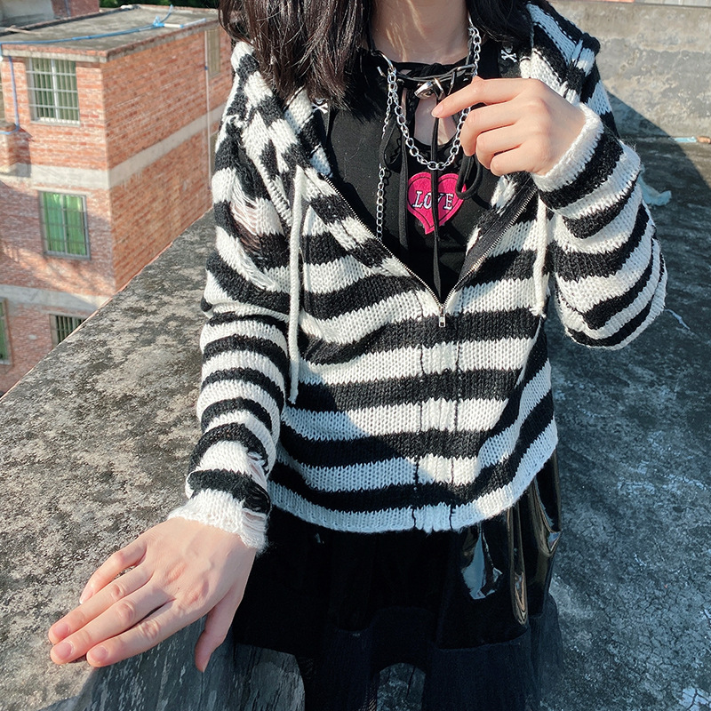 Y2K亚文化针织衫带帽拉链辣妹条纹毛衣长袖镂空亚比上衣现货代发