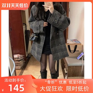 韩系大衣小香风盐系轻熟风格子毛呢外套感慵懒韩风衣中长款衣