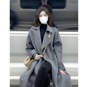 灰色纯羊毛毛呢外套2023秋冬季新款呢子大衣女加厚中长款风韩系