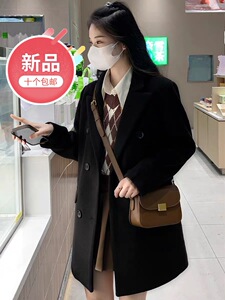 2023纯羊毛女中优质黑色秋冬新款赫本风正肩西装呢子大衣小个子