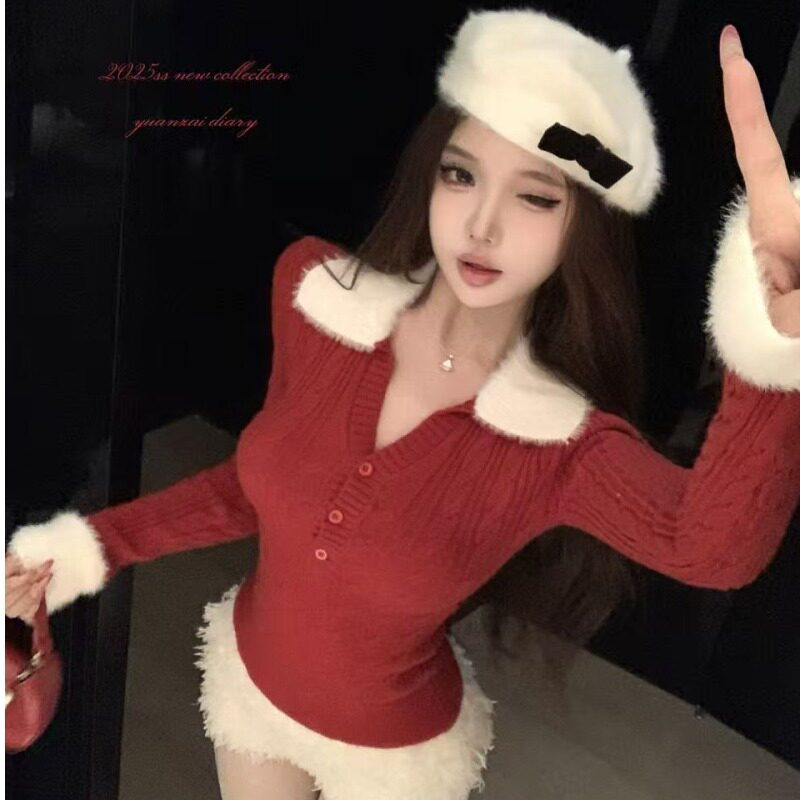 复古撞色毛毛领拼接长袖针织衫女秋冬修身显瘦内搭弹力打底衫上衣,女装/女士精品,毛针织衫,淘宝优惠券,粉丝福利购,淘宝优惠卷