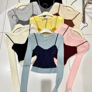 背心长袖 十三行2024秋季 圆领撞色拼接假两件针织衫 韩版 上衣女 新款