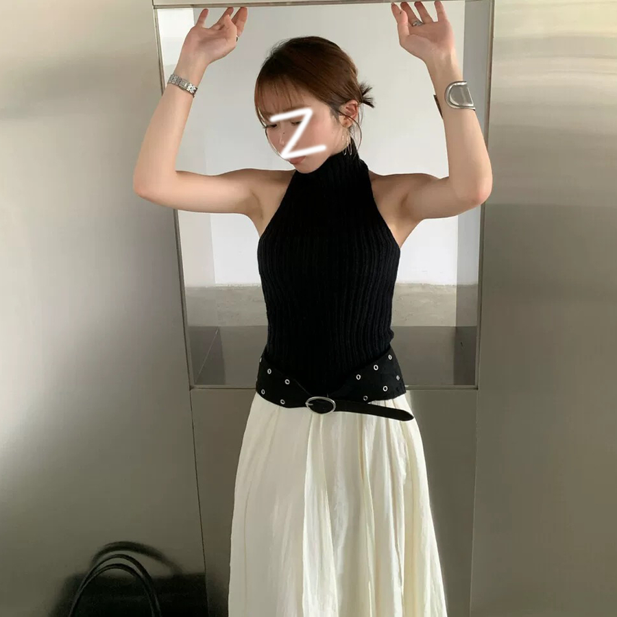 半高领挂脖前后两穿针织背心上衣