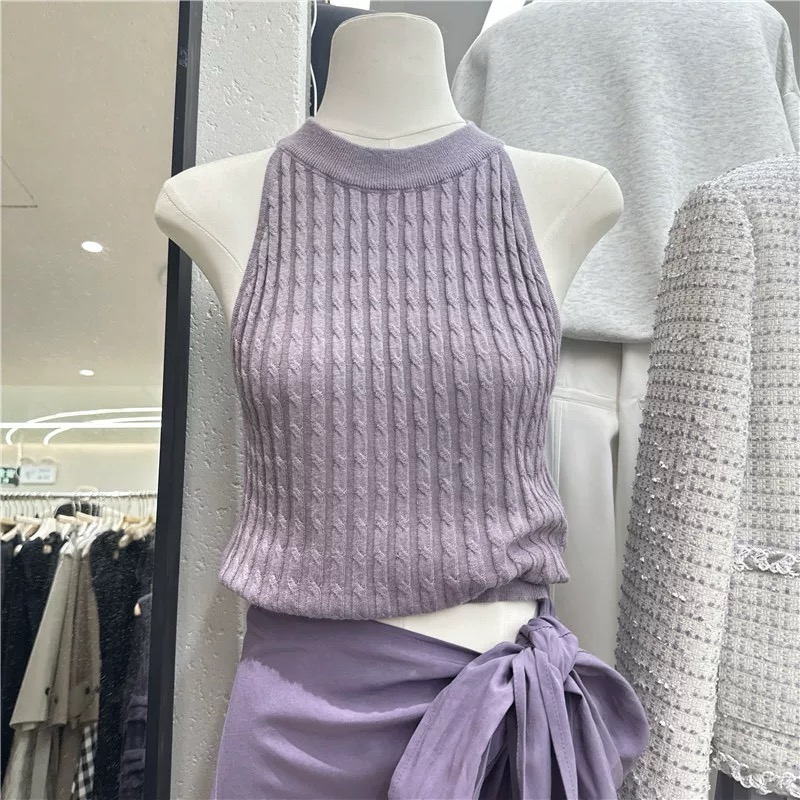 紫色挂脖工字针织吊带背心上衣女