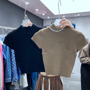 显瘦短款 修身 中领正肩时尚 个性 夏季 辣妹露脐纯欲风女针织短袖 新款