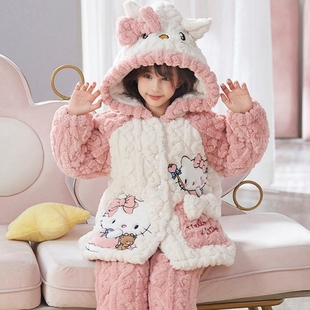 小猫长款 韩版 母女珊瑚绒夹棉睡衣三层加厚法兰绒保暖亲子装 家居服