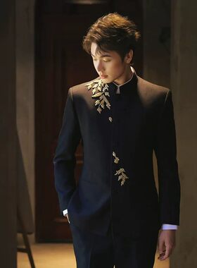 新中式国风中山装男士婚礼结婚衣服礼服订婚西装套装男装表演主持