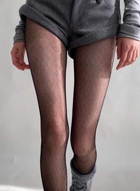Wuuuus灰色菱格丝袜女春秋款防勾丝性感方块条纹连裤袜子辣妹黑丝