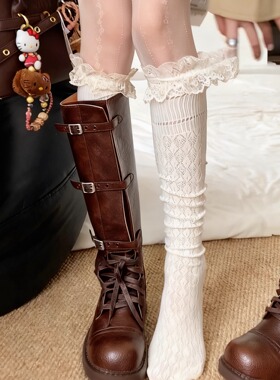 Wuuuus 靴子袜子女黑色过膝袜春秋薄蕾丝花边复古镂空性感长筒袜