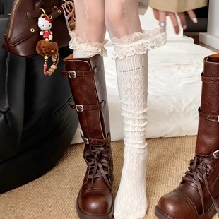 Wuuuus 靴子袜子女黑色过膝袜春秋薄蕾丝花边复古镂空性感长筒袜