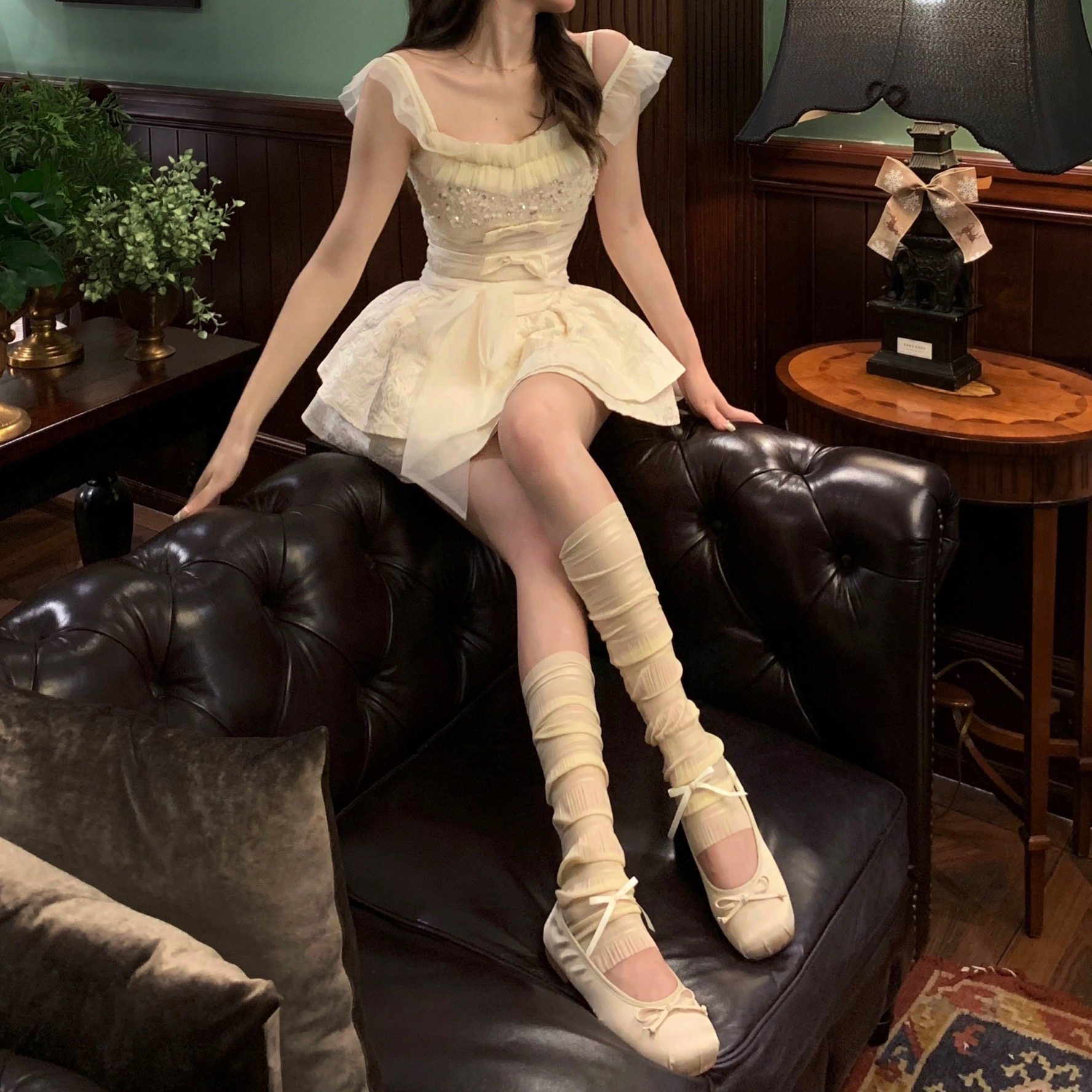 Wuuuus袜子夏天薄款女芭蕾风冰丝袜套蝴蝶结堆堆袜黑色腿套小腿袜,女士内衣/男士内衣/家居服,中筒袜,淘宝优惠券,粉丝福利购,淘宝优惠卷