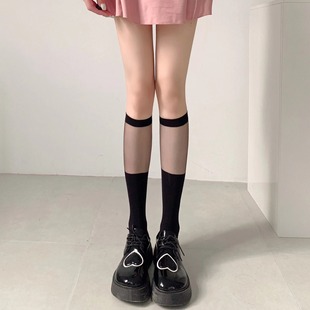 Wuuuus 中筒袜外穿潮ins蕾丝拼接小腿袜及膝 黑色jk袜子女夏季 薄款