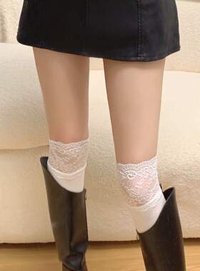 Wuuuus配长靴子的蕾丝过膝袜秋冬白色日系纯欲风加厚长筒袜ins女