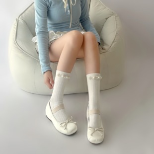 Wuuuus 白色珍珠小腿袜子女春秋棉质中筒袜洛丽塔乐服鞋花边长袜
