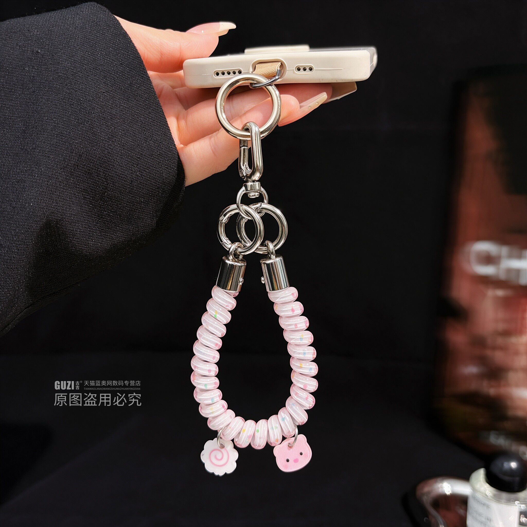 独特新款多巴胺彩珠蝴蝶结电话线手机挂绳手机壳链条挂手腕可爱小挂件少女心垫片百搭钥匙扣手提短款弹力弹性