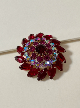 美采现货vintage中古1950年代WEISS红色系玻璃水钻漩涡花朵胸针