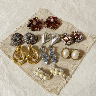 vintage中古首饰打标无打标复古质感金银色人造宝石珍珠耳夹