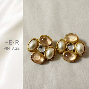 现货无打标果冻感宝石人造珍珠质感哑光金色vintage耳夹中古