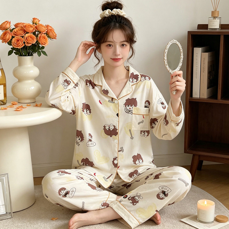 萌系二次元卡通睡衣女秋季简约长睡衣/家居服套装