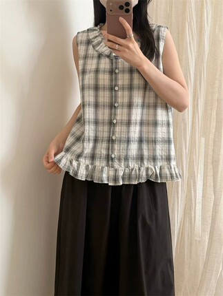 Wuli 26夏新韩系复古花边领肌理格子衬衣女装宽松无袖背心上衣