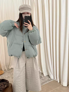 Wuli 25冬韩系甜美薄荷绿立领羽绒服女宽松保暖外套小短款面包服