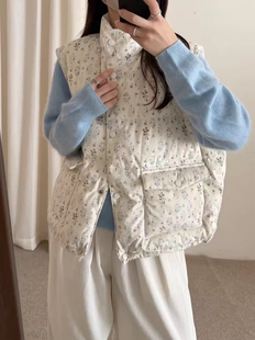 Wuli 25韩复古文艺碎花羽绒灯芯绒马甲女宽松显瘦百搭外套小个子