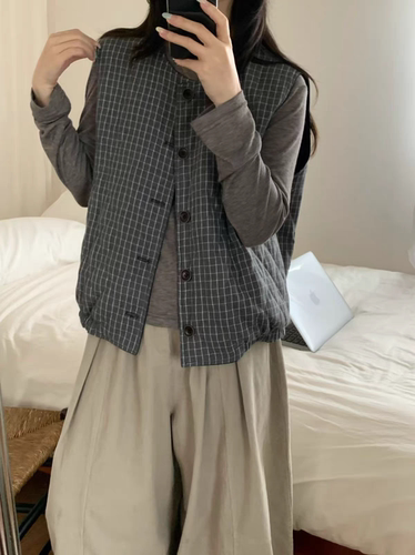 Wuli 26秋季新韩系复古格子无袖格子双面穿背心马甲女气质上衣潮