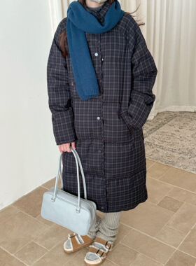 Wuli 25冬复古学院风格子立领羽绒服女宽松保暖中长款面包服外套