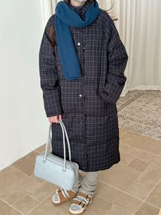 Wuli 25冬复古学院风格子立领羽绒服女宽松保暖中长款面包服外套