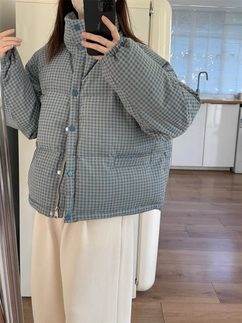 Wuli 25冬复古蓝色格纹立领灯芯绒短款白鸭绒羽绒服小个子外套女