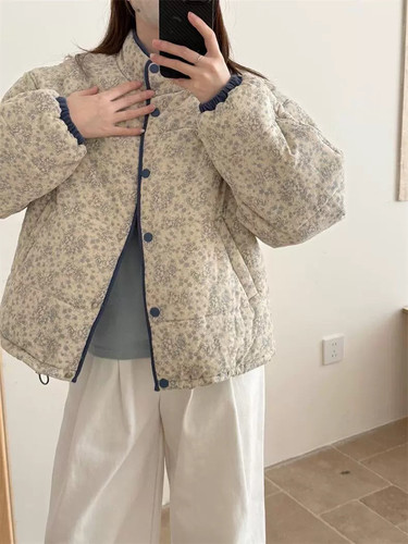Wuli 25秋冬复古立领蓝碎花灯芯绒宽松显瘦棉服外套女保暖羽绒服