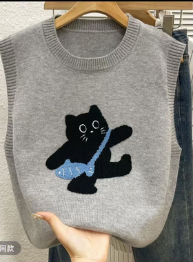 004减龄针织无袖毛衣马甲背心经典刺绣小猫时尚百搭内搭秋冬叠穿