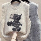 可爱小马提花针织马甲女秋冬外搭套头圆领小背心日系叠穿无袖 毛衣