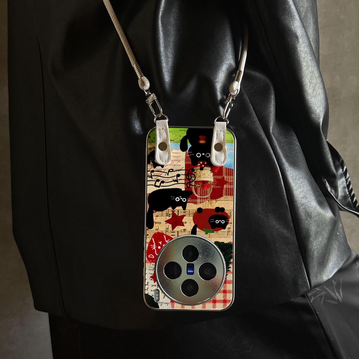 适用于vivox200ultra手机壳新款复古黑猫X100pro/90S/80斜跨全包S30promini/20/19/18/17套防摔Y300i带挂绳女