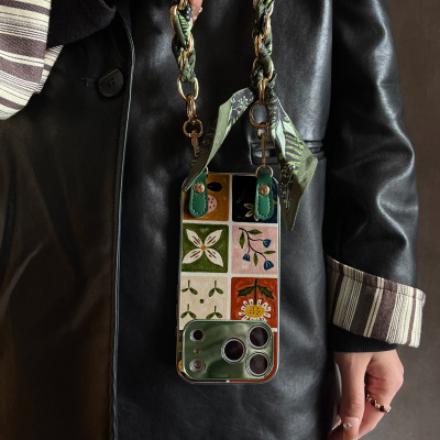 适用于苹果17promax手机壳带挂绳八格花朵iphone14/16套硅胶xs全包防摔Air斜跨15ultra套绿色11新款xr女13PRO