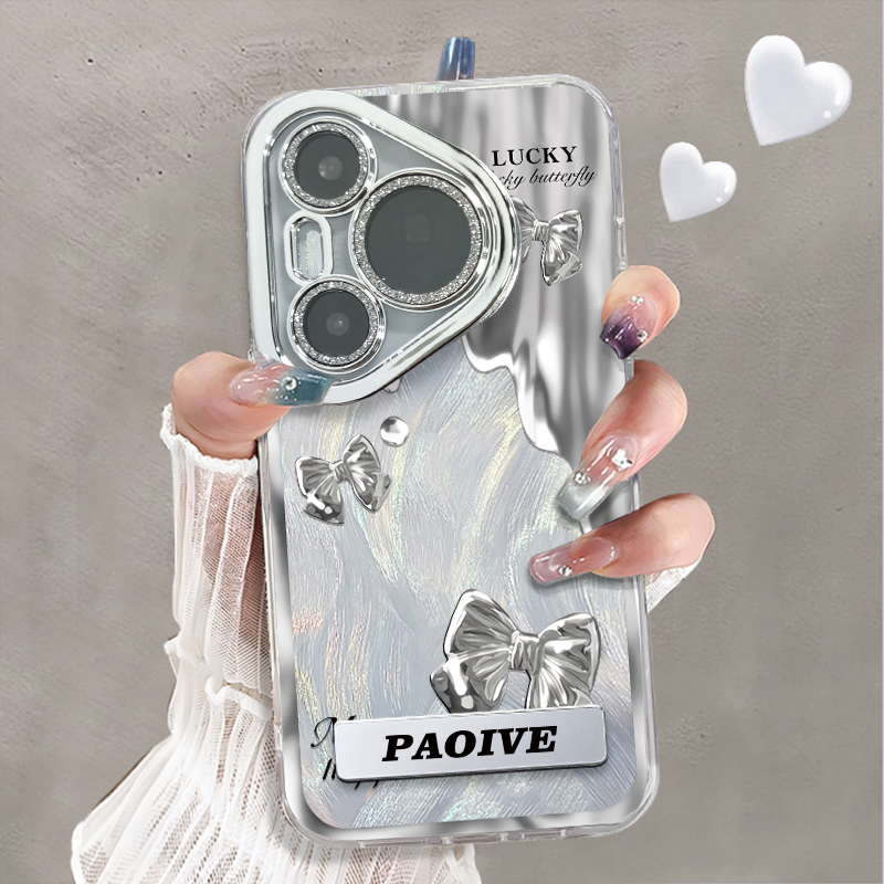 自带镜头膜适用于华为p70Pro手机壳银边蝴蝶高级感p50e硅胶全包防摔P60pro套网红新款p30女潮牌p40带手链p70