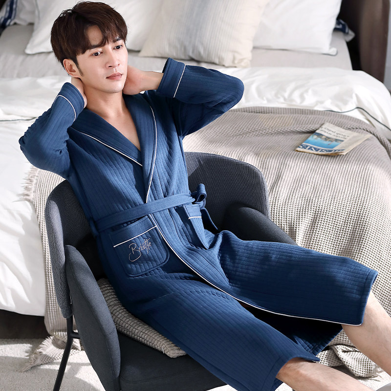 男士睡袍秋冬款长袖长款纯棉空气棉夹层浴衣春秋加厚连体浴袍睡衣