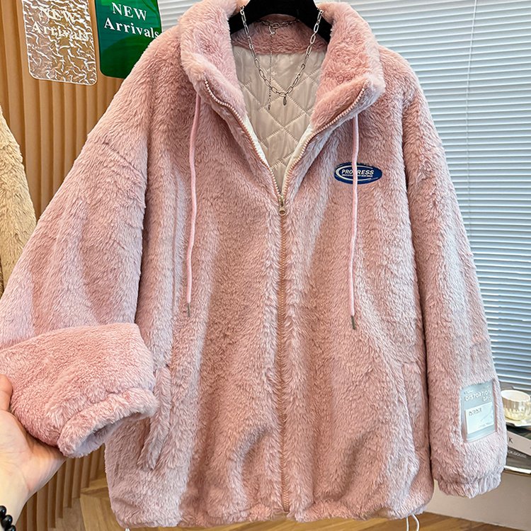 立领羊羔绒夹棉外套女冬季宽松加绒加厚棉衣服毛茸皮毛大衣棉服