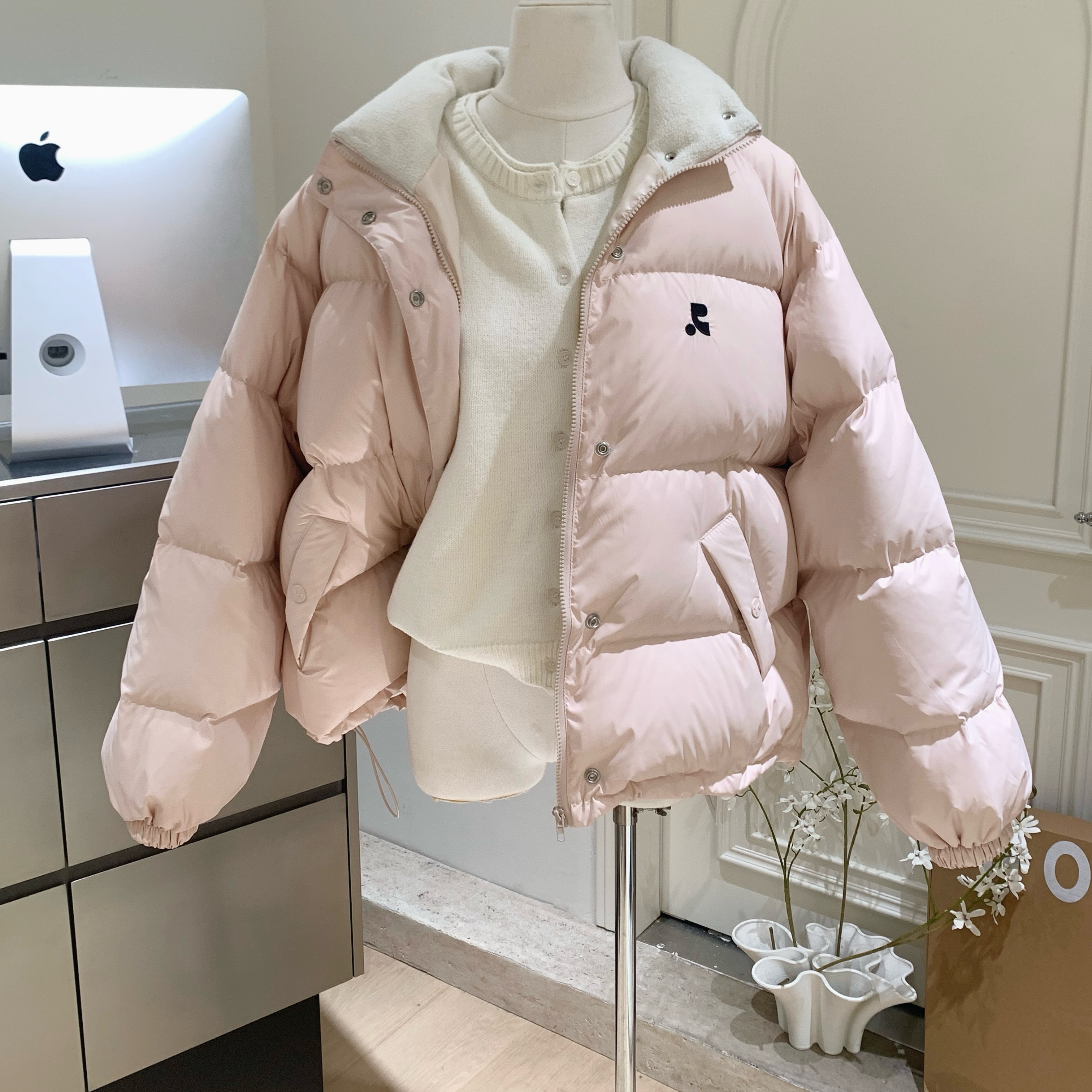 韩版 RR羽绒休闲淡粉色甜美宽松短款面包服纯色羽绒服冬季