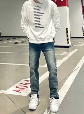 美式高街深蓝色牛仔裤男直筒宽松堆积感vibe水洗做旧泼墨百搭裤子