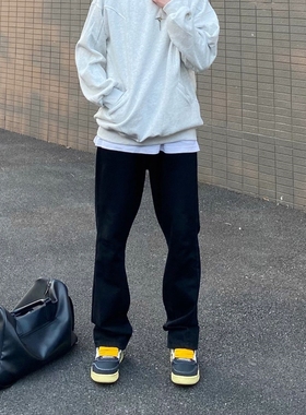 美式高街vibe简约纯黑色牛仔裤男春秋潮款修身显腿长微喇百搭长裤